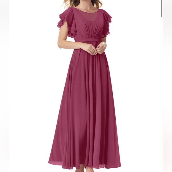 Azazie Daphne A Line Ruched Ruffle Sleeve Chiffon Dress Mulberry Size 18 - Picture 1 of 5